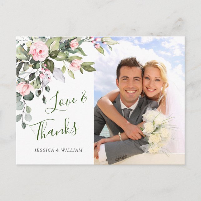 Eucalyptus Blush Roses Wedding Photo Thank You Postcard (Front)