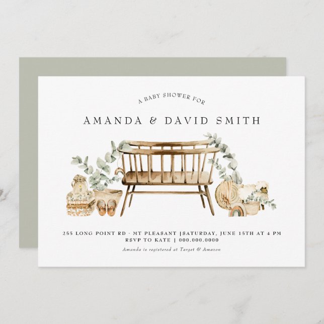 Eucalyptus Bohemian Baby Shower Sage Green  Invitation (Front/Back)