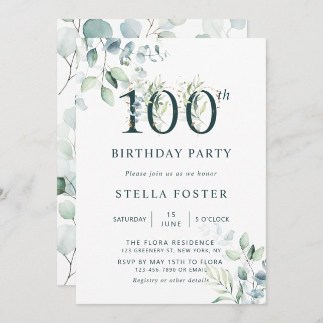 Eucalyptus Botanical 100th Birthday Party Invitation (Front/Back)