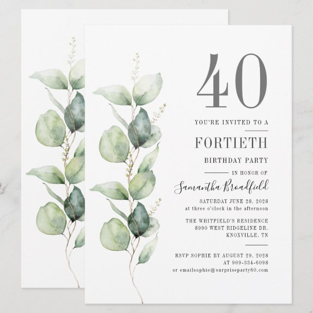 Eucalyptus Botanical 40th Birthday Party Invitation (Front/Back)