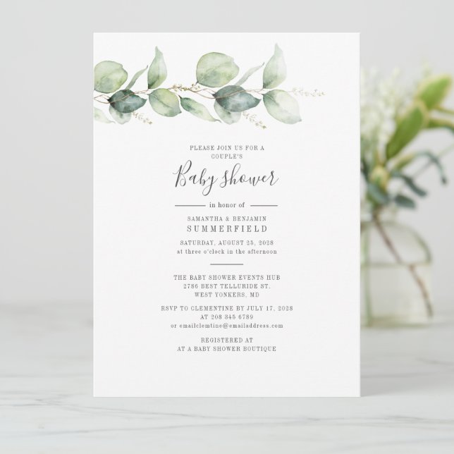 Eucalyptus Botanical Couple's Baby Shower Elegant Invitation (Standing Front)