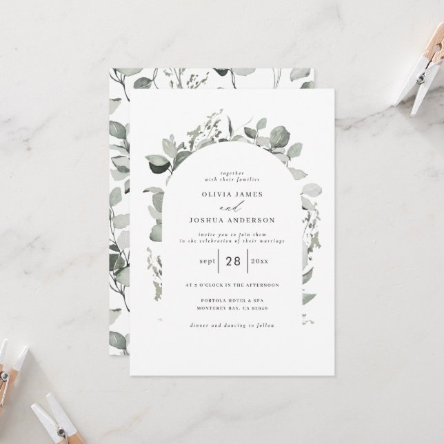 Eucalyptus botanical elegant photo simple wedding invitation (Front/Back In Situ)