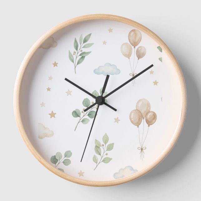 Eucalyptus Botanical & Gold Balloons Wall Clock  (Front)