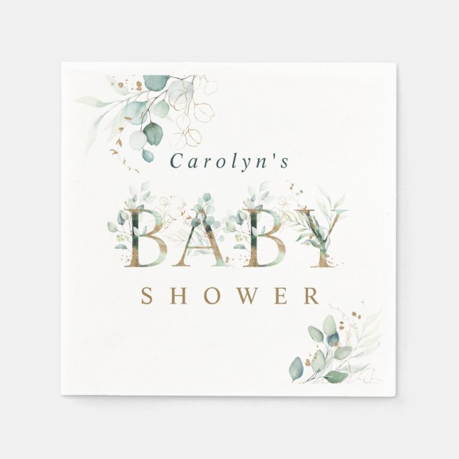Eucalyptus Botanical Gold Letter Baby Shower  Napkin (Front)