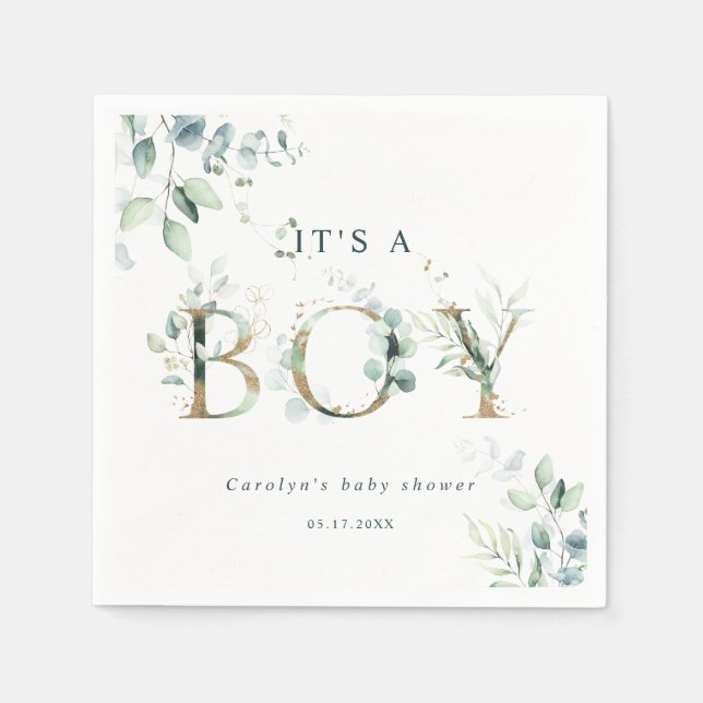 Eucalyptus Botanical Gold Letter Boy Baby Shower Napkin (Front)
