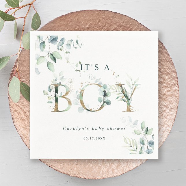 Eucalyptus Botanical Gold Letter Boy Baby Shower Napkin (Creator Uploaded)
