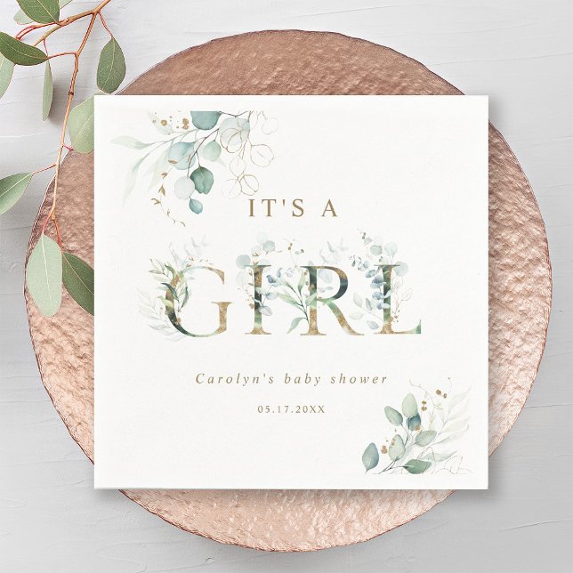 Eucalyptus Botanical Gold Letter Girl Baby Shower Napkin (Creator Uploaded)
