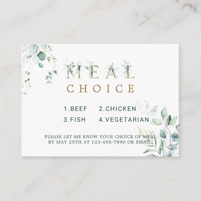 Eucalyptus Botanical Gold Letter Meal Choice Enclosure Card (Front)