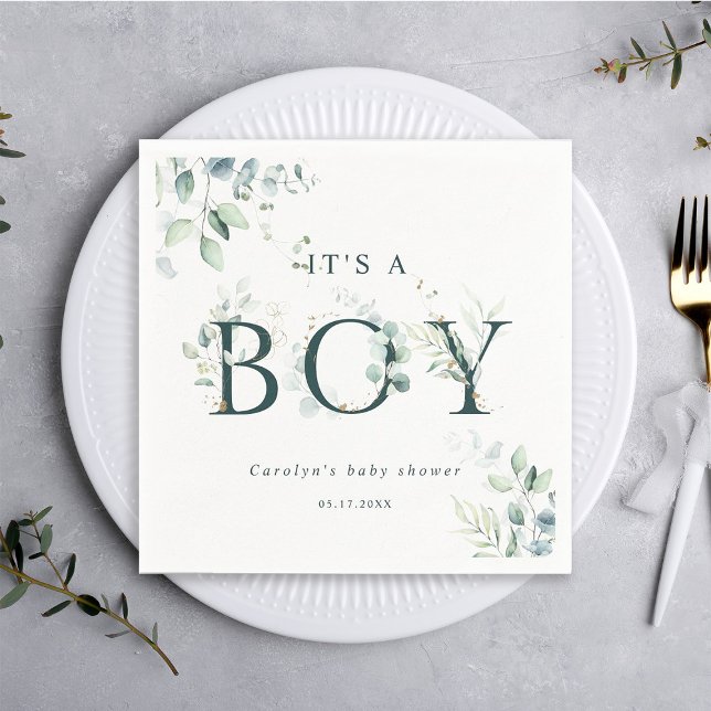 Eucalyptus Botanical Green Letter Boy Baby Shower  Napkin (Creator Uploaded)