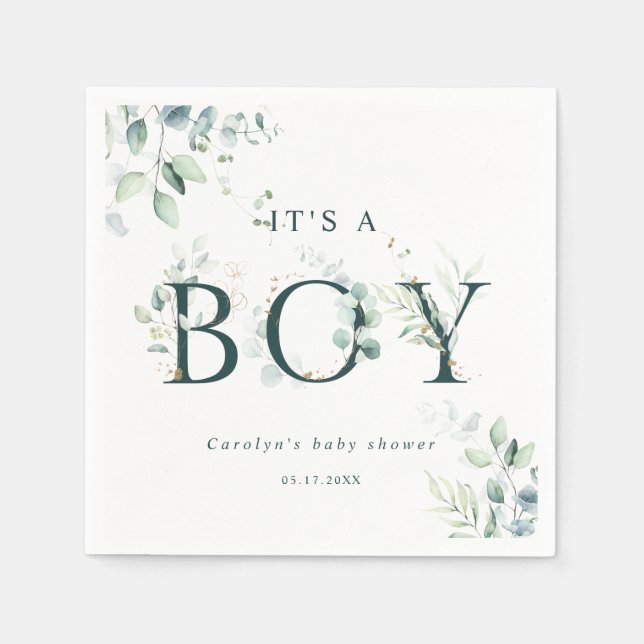 Eucalyptus Botanical Green Letter Boy Baby Shower  Napkin (Front)