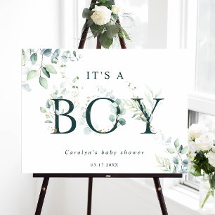 Eucalyptus Botanical Green Letter Boy Baby Shower Poster