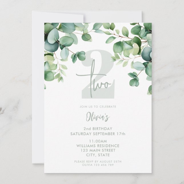 Eucalyptus Botanical Greenery 2nd Birthday Invitation (Front)