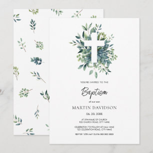 Eucalyptus botanical greenery Baptism Christening Invitation