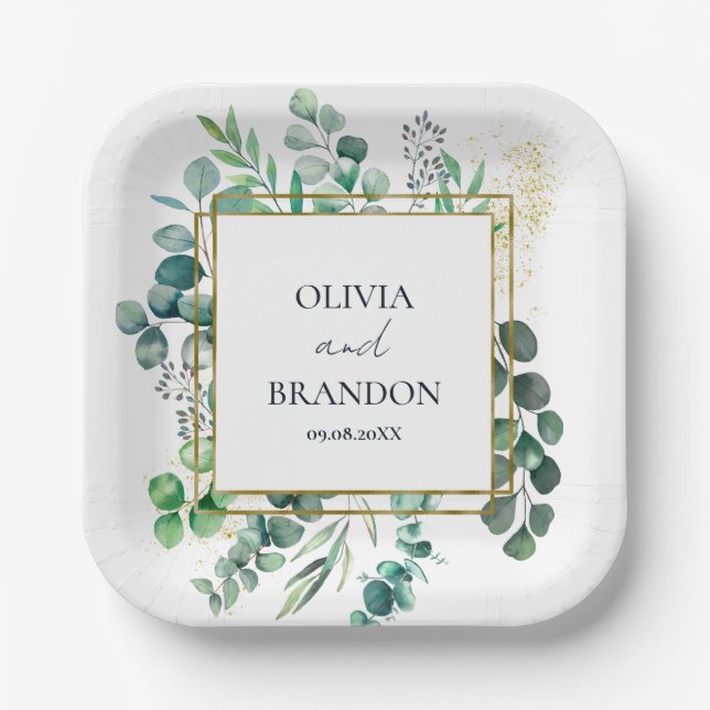 Eucalyptus Botanical Greenery Leaves Wedding Paper Plate (Front)
