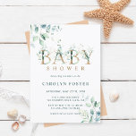 Eucalyptus Botanical Letter Gold Baby Shower Invitation<br><div class="desc">This baby shower invitation features painted watercolor eucalyptus and green leaves with botanical gold letters. For more advanced customisation of this design,  please click Customise Further link to change font,  size,  and colour.</div>