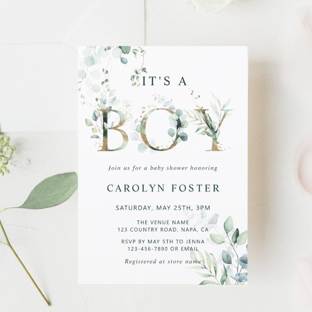 Eucalyptus Botanical Letter Gold Boy Baby Shower Invitation (Creator Uploaded)