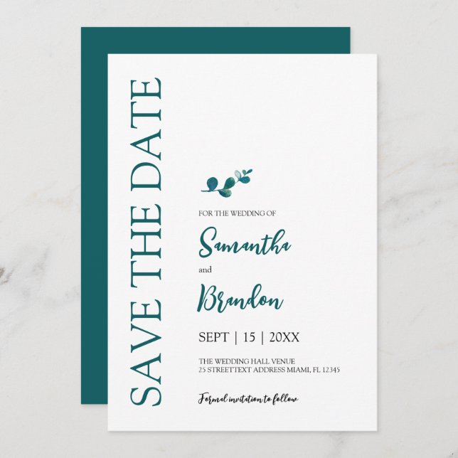 Eucalyptus botanical minimalist wedding save the date (Front/Back)
