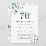 Eucalyptus Botanical Number 70th Birthday Party Invitation<br><div class="desc">This 70th birthday party invitation features painted watercolor eucalyptus and green leaves with botanical green and gold numbers.</div>