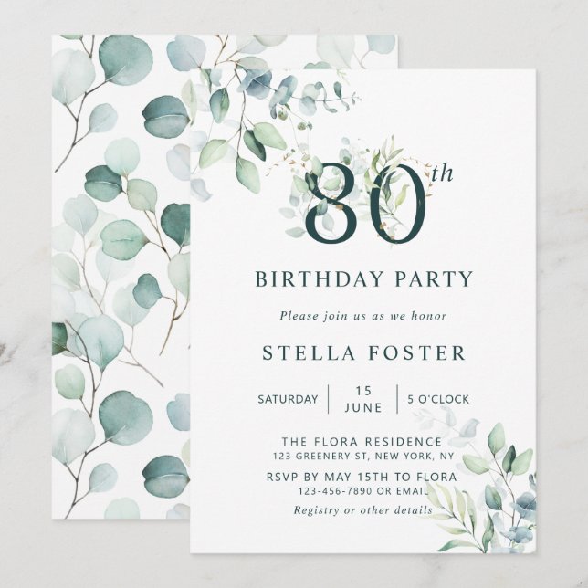Eucalyptus Botanical Number 80th Birthday Party Invitation (Front/Back)