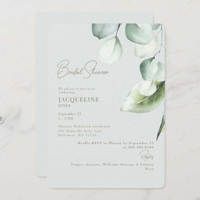 Eucalyptus Botanical Sage Elegant Bridal Shower Invitation (Front/Back)