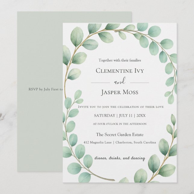 Eucalyptus Botanical Sage Green Boho Wedding Invitation (Front/Back)