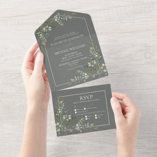 Eucalyptus Botanical Sage Green Meals Wedding  All In One Invitation (Tearaway)