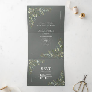 Eucalyptus Botanical Sage Green Meals Wedding Tri-Fold Invitation