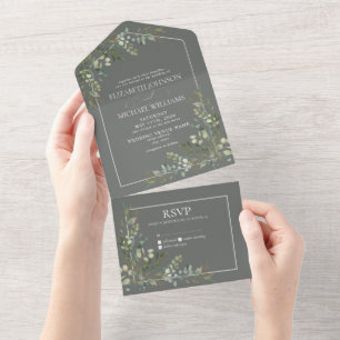 Eucalyptus Botanical Sage Green Script Wedding All In One Invitation