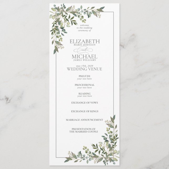 Eucalyptus Botanical Sage Green Script Wedding Programme (Front)