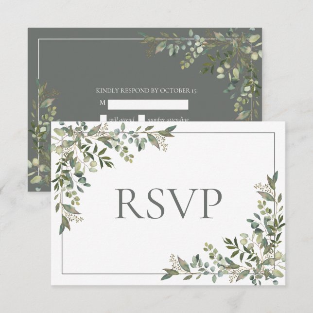Eucalyptus Botanical Sage Green Script Wedding RSV RSVP Card (Front/Back)