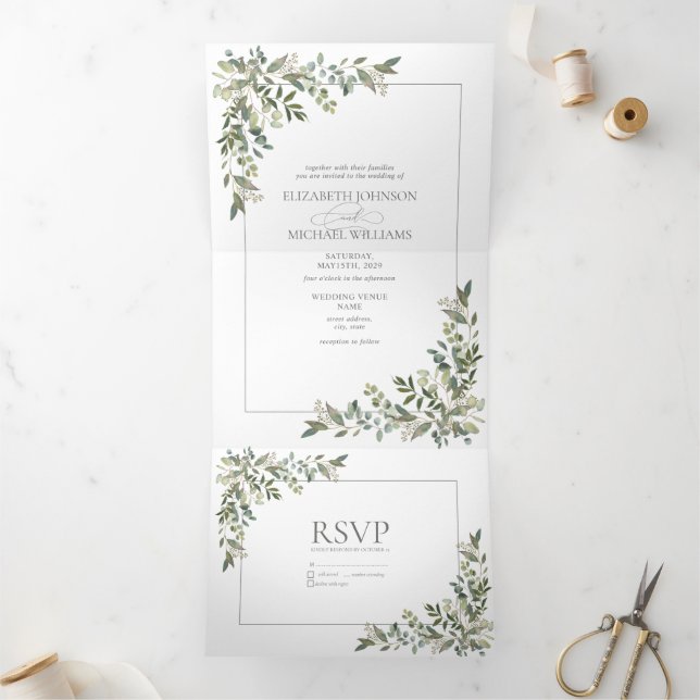 Eucalyptus Botanical Sage Green Script Wedding Tri Tri-Fold Invitation (Inside)