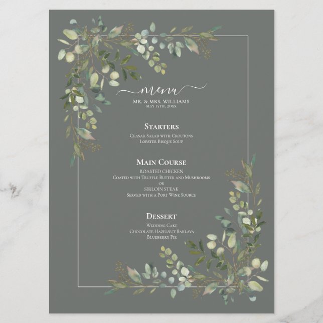 Eucalyptus Botanical Sage Green Wedding Menu (Front)