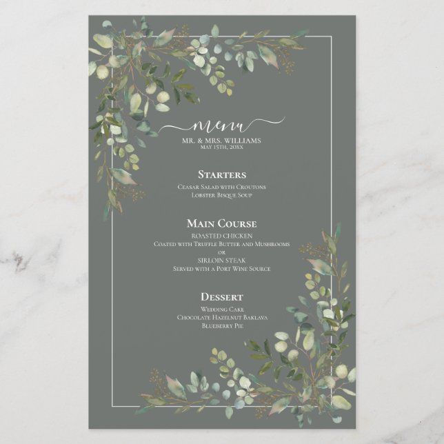 Eucalyptus Botanical Sage Green Wedding Menu (Front)