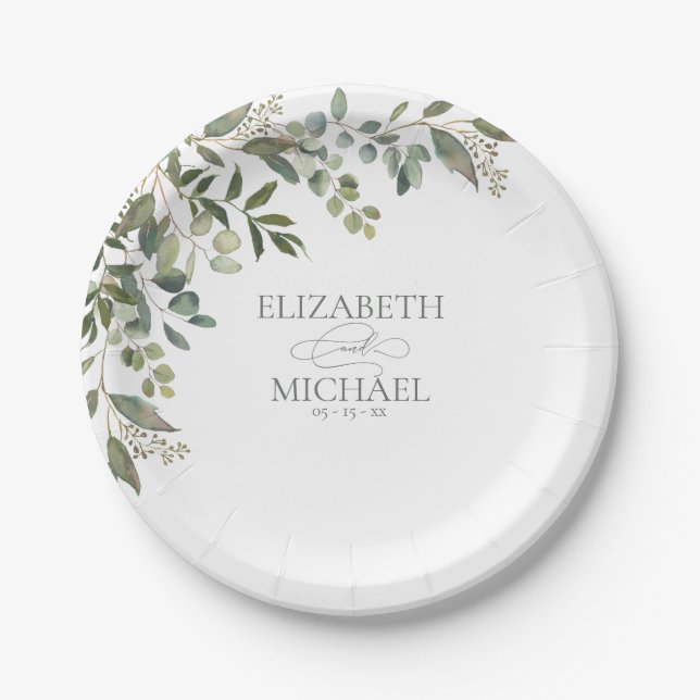 Eucalyptus Botanical Sage Green Wedding Paper Plat Paper Plate (Front)