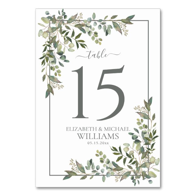 Eucalyptus Botanical Sage Green Wedding Table Number (Front)
