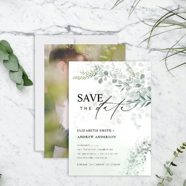 Eucalyptus Botanical Sage Save the Date Photo Invitation (Creator Uploaded)