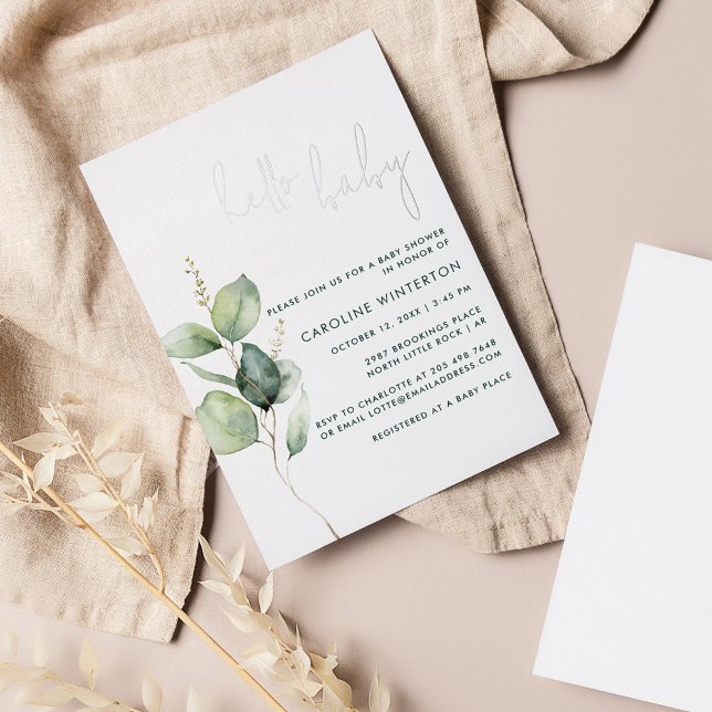Eucalyptus Botanical Script Baby Shower Silver (Hello Baby Eucalyptus Baby Shower Invitation)