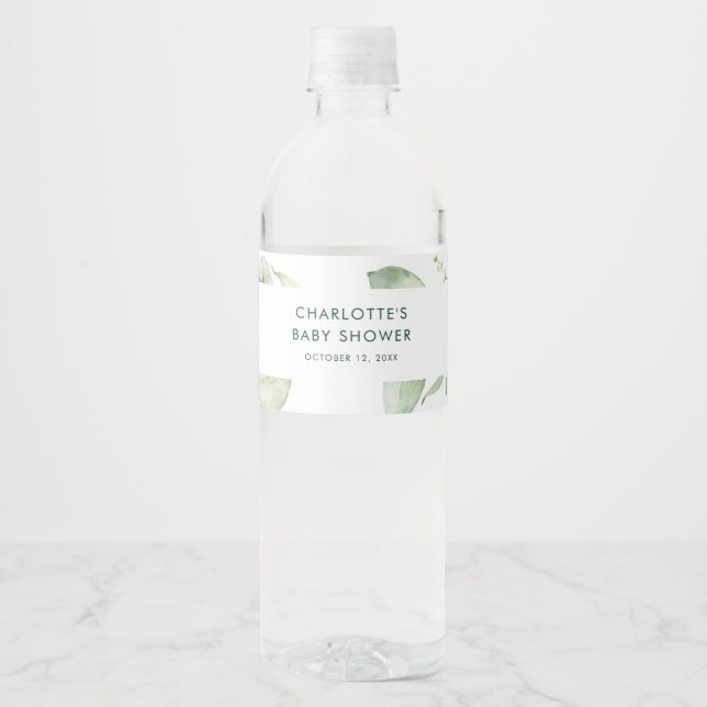 Eucalyptus Botanical Script Baby Shower Water Bottle Label (Front)