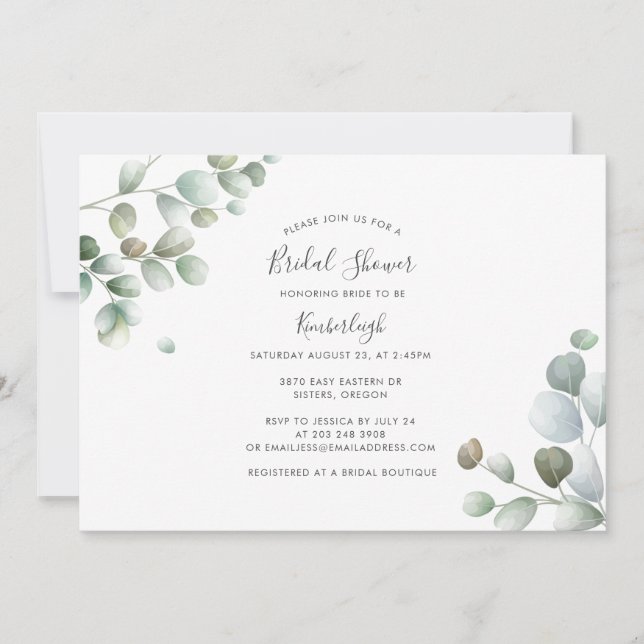 Eucalyptus Botanical Script Bridal Shower Invitation (Front)