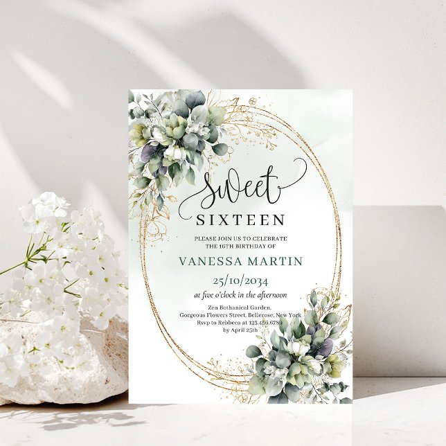 Eucalyptus Botanical Sweet 16 Green Gold Invite (Eucalyptus Botanical Sweet 16 Green Gold Invite)