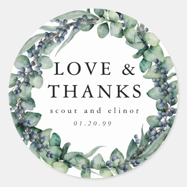 Eucalyptus Botanical Wedding Favour Classic Round Sticker (Front)