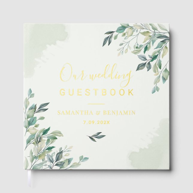 Eucalyptus Botanical Wedding Gold Foil Guest Book (Front)