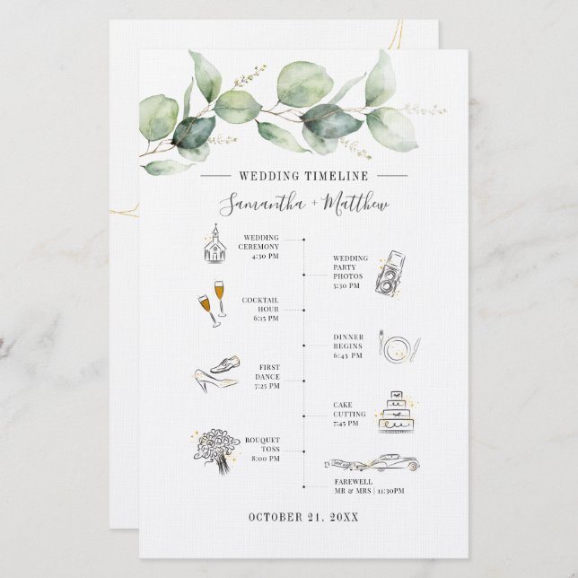 Eucalyptus Botanical Wedding Itinerary Program Stationery (Front/Back)
