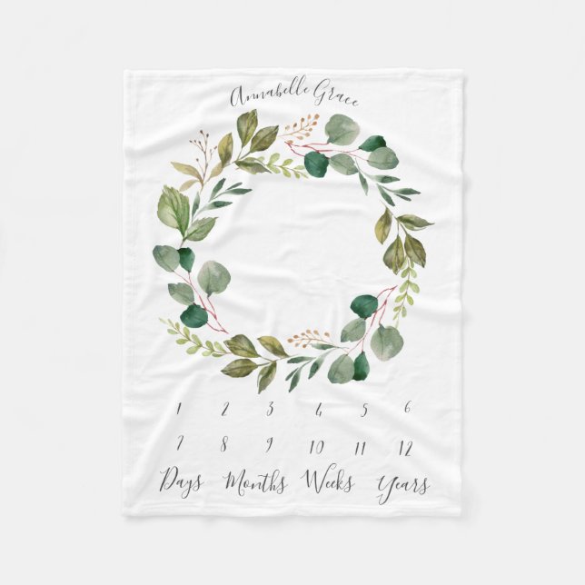 Eucalyptus Botanical Wreath Monthly Baby Milestone Fleece Blanket (Front)