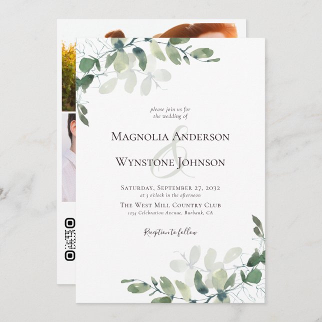 Eucalyptus Botanicals QR Code Photo Wedding Invita Invitation (Front/Back)