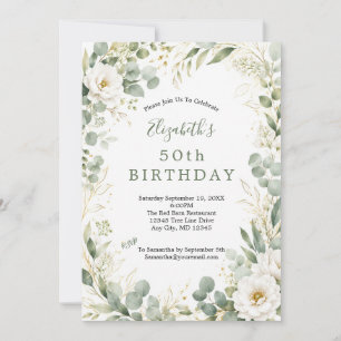 Eucalyptus Botanicals White Florals 50th Birthday Invitation