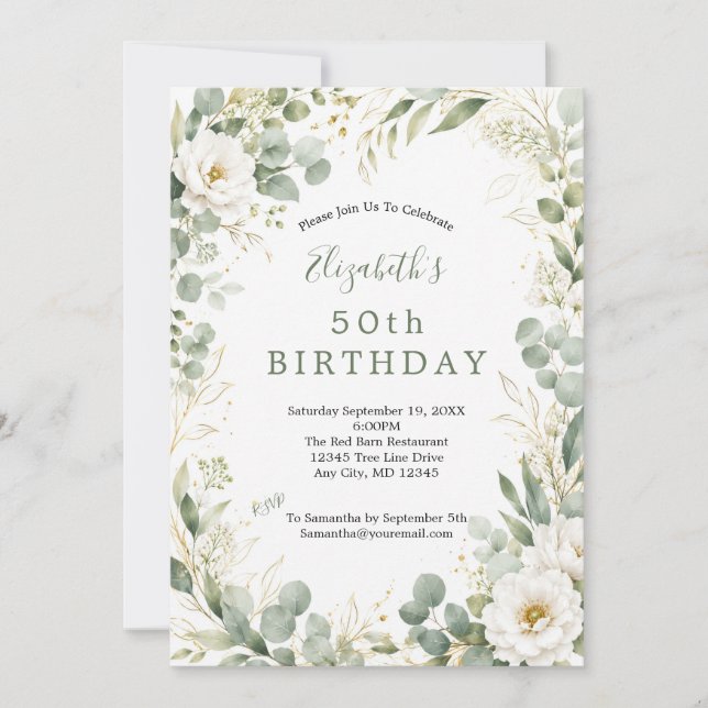 Eucalyptus Botanicals White Florals 50th Birthday  Invitation (Front)