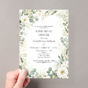 Eucalyptus Botanicals White Rose Rehearsal Dinner Acrylic Invitations