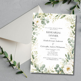 Eucalyptus Botanicals White Rose Rehearsal Dinner Invitation