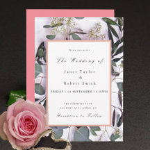 Eucalyptus Bouquet with Pink Border Wedding Invita